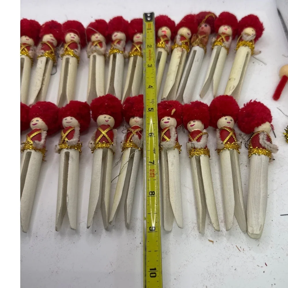 Vintage Handmade‎ Clothespin Soldier Christmas Ornaments Red Gold Lot of 22 4.5